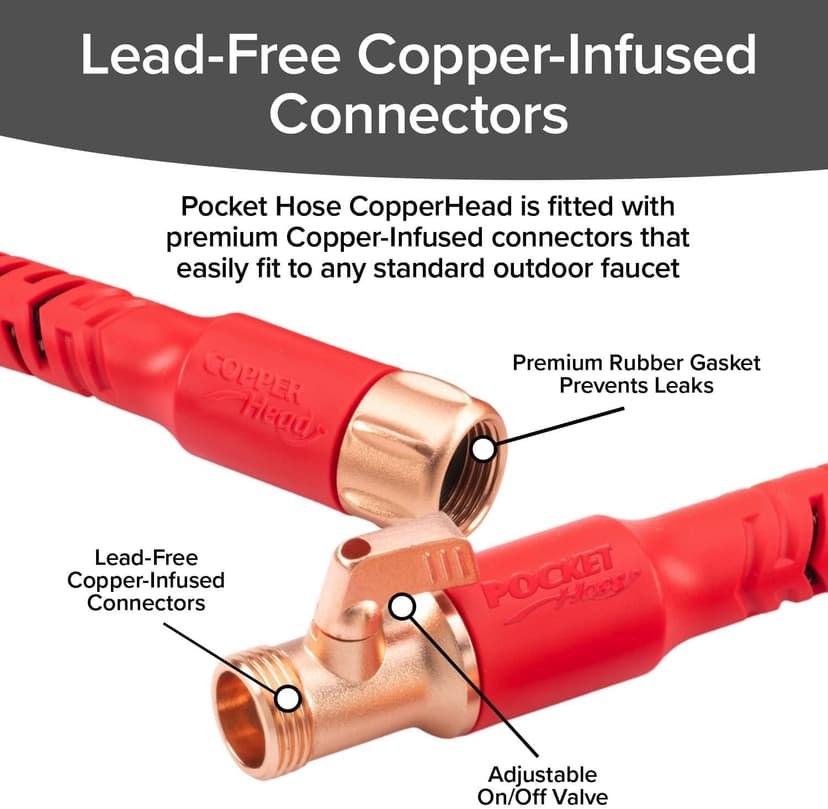 Pocket Hose Copper Head w/New Pocket Pivot Expandable Garden Hose 25 FT, AS-SEEN-ON-TV, Swivels 360°, Advanced Tri-Tex Tubing & Force Field Jacket, 3X Stronger, Lead-Free, No-Kink, Anti-Burst w/APT