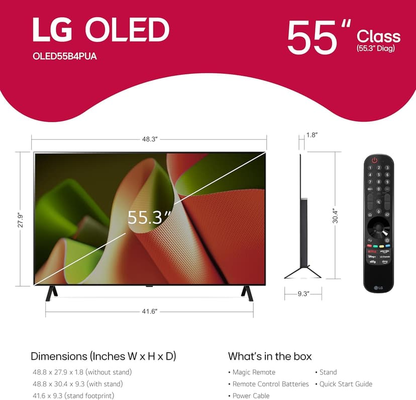 LG 55-Inch Class OLED B4 Series Smart TV 4K Processor Flat Screen with Magic Remote AI-Powered with Alexa Built-in (OLED55B4PUA, 2024)