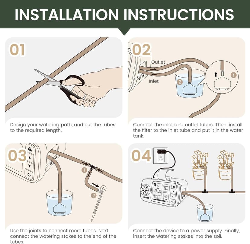 Automatic Watering System for 15 Potted Plants, DIY Plant Watering Devices，Drip Irrigation System with 30-Day Programmable Water Timer, LED Display and Power Supply