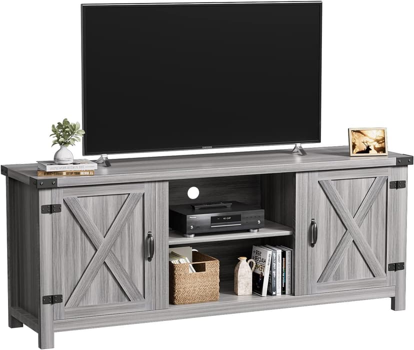 YESHOMY Modern Farmhouse TV Stand with Two Barn Doors and Storage Cabinets for Televisions up to 65+ Inch, Entertainment Center Console Table, Media Furniture for Living Room, 58 Inch, Gray Wash