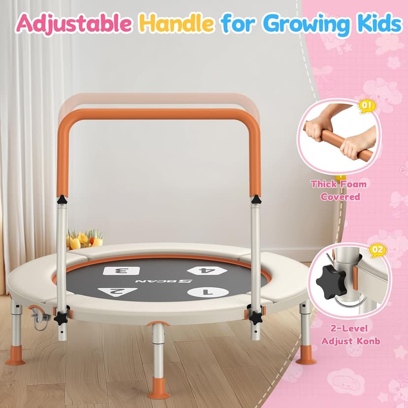 BCAN 36'' Toddler Trampoline, ASTM Certified-Foldable Mini Trampolines for Kids Ages 1-6, Adjustable Handle, Safety Pad & Foldable Legs, Baby Trampoline Indoor/Garden, Gift for Boy and Girl