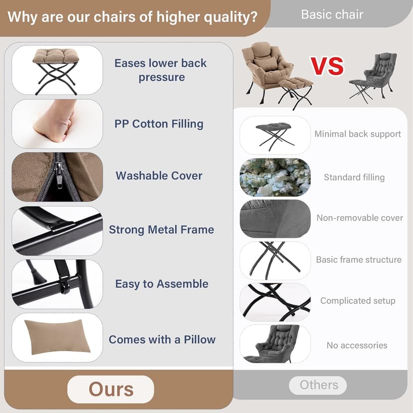 Lazy Chair with Ottoman, Modern Lounge Armchair with Lumbar Pillow, Accent Cozy Reading Chair and Folding Footstool for Bedroom, Dorm, Living Room,Khaki
