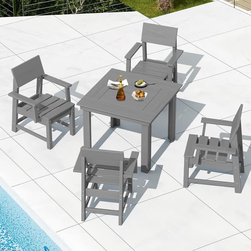 SERWALL HDPE Outdoor Dining Set, Patio Table and Chairs Set All Weather Patio Dining Set for 4, 5-Piece Patio Dining Furniture for Deck, Garden, Backyard, Gray
