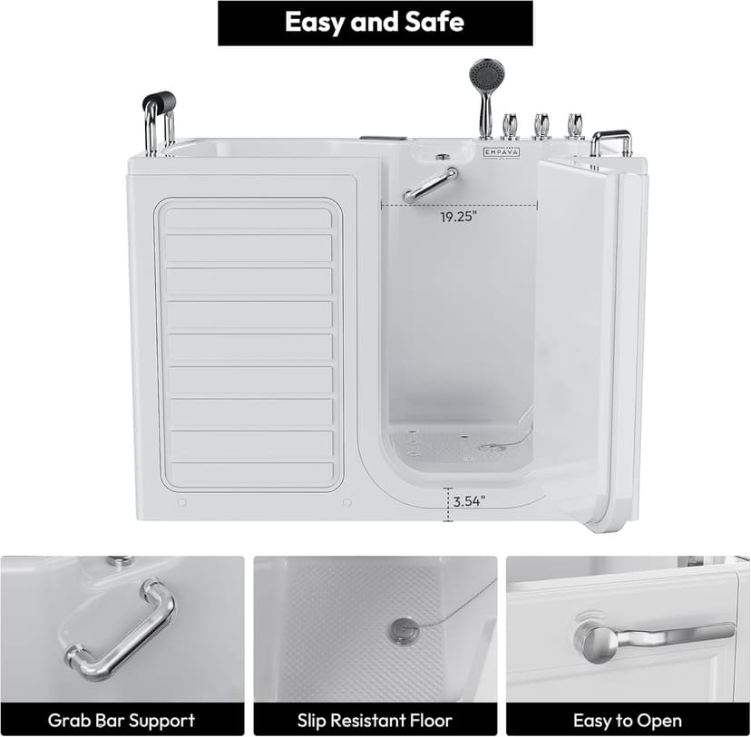 Empava Walk In Tub for Seniors,54" x 30'' Right Drain,12 Air & 13 Whirlpool Massage Jets Bathtub,with built-in Heater,2 Safety Handrail,19.25" Wide Right Outswing Door,Slip-Resistant Floor,Acrylic