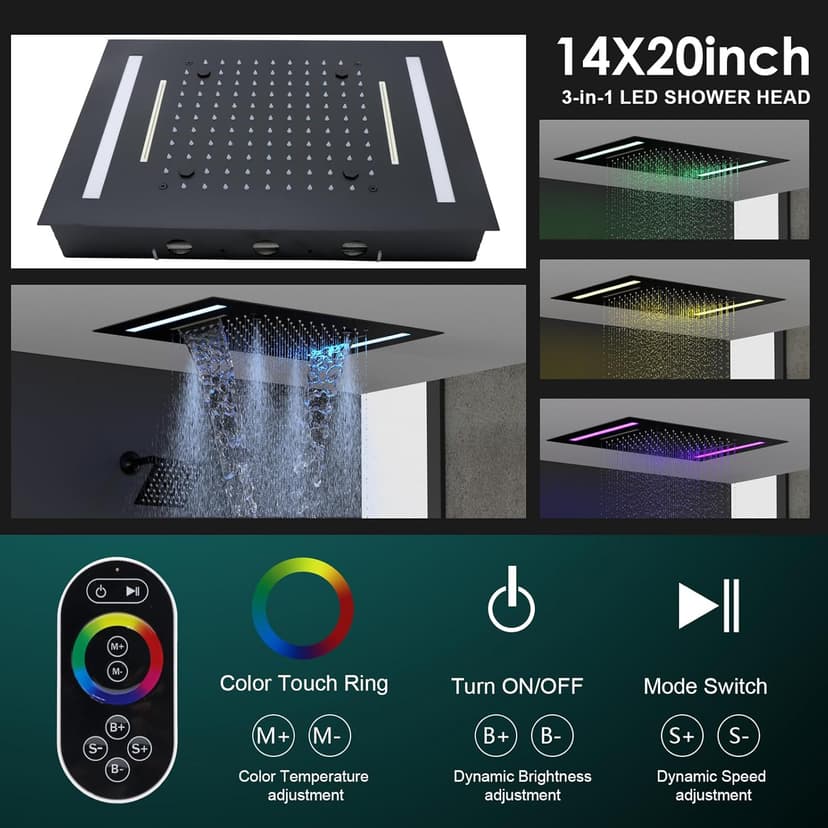 HOMEDEC Double Shower Heads Full Body Shower System with 6pcs Body Jets, 3-in-1 Function 14x20inch and 6inch Showerheads, Rainfall Shower System, Black