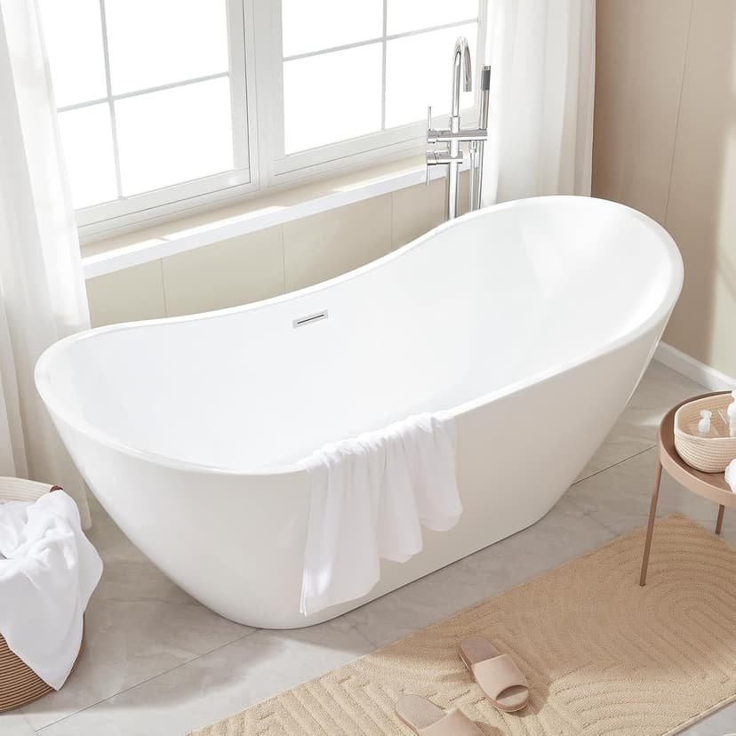 Vanity Art 71" Freestanding Bathtub | Free Standing Tub Stand Alone Tub with Contemporary Design for Soaking and Bathing, Overflow and Pop-up Drain with UPC Certified, Acrylic, VA6517-PW