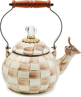 MACKENZIE-CHILDS Enamel Whistling Tea Kettle, Decorative Teapot for Stovetop, Brown-and-White Mocha Check