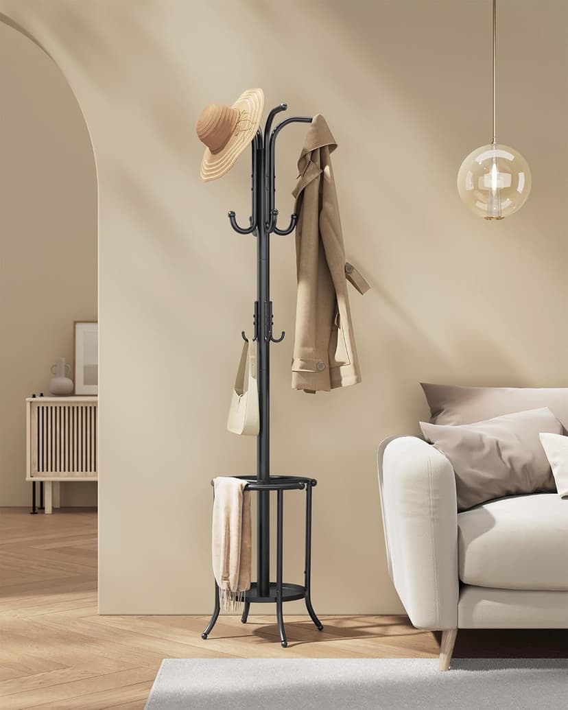 SONGMICS Coat Rack Freestanding, Coat Rack with Umbrella Holder with 12 Hooks, for Entryway, Hallway, Living Room, Bedroom, Ink Black URCR011B01