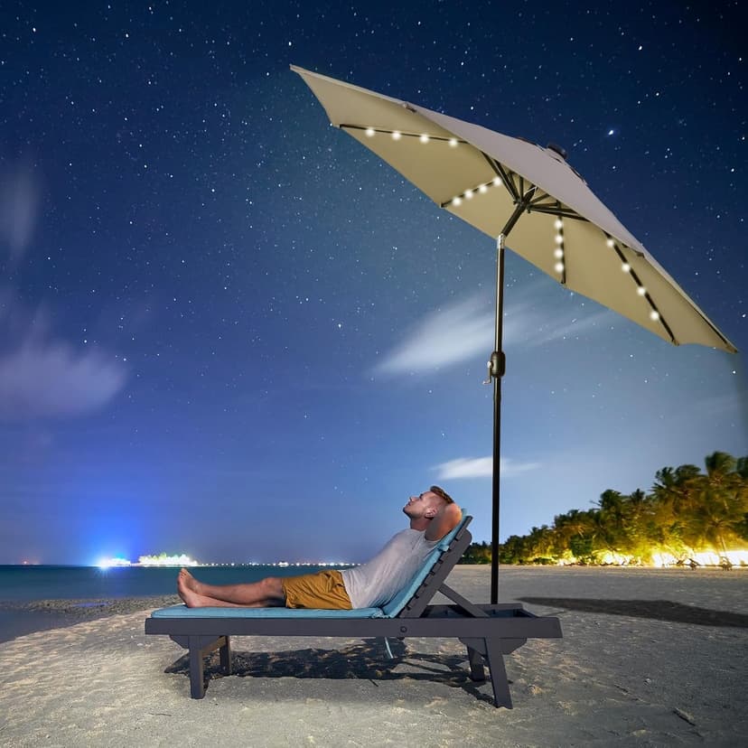 Backyard Expressions 9ft Solar Patio Umbrella with 32 LED Lights - Beige – Outdoor Market Umbrella with Tilt & Crank, Solar-Powered Lighting