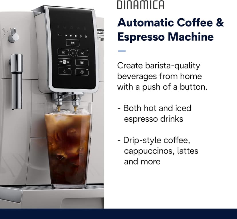 De'Longhi Dinamica Espresso Machine, White - Automatic Bean-to-Cup Brewing, Built-In Steel Burr Grinder & Manual Frother - One-Touch Hot & Iced Coffee - Easy Cleanup
