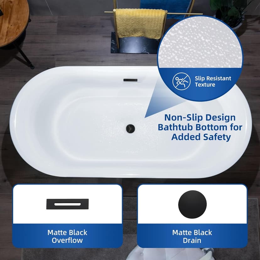 WOODBRIDGE 59" Acrylic Freestanding Bathtub Contemporary Soaking Tub with Matte Black Overflow and Drain,White Tub,B0058-MB