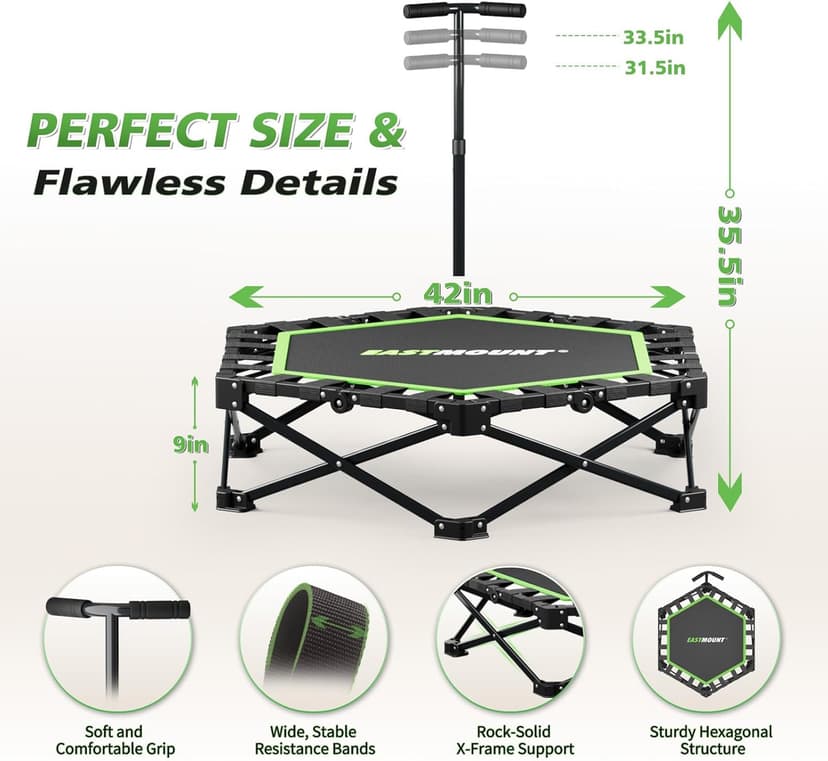East Mount 42" Folding Fitness Trampoline for Adults, Foldable Mini Trampoline with Handle, Exercise Rebounder, Small Trampoline for Adults, Max Load 440lbs, for Indoor Garden Workout’
