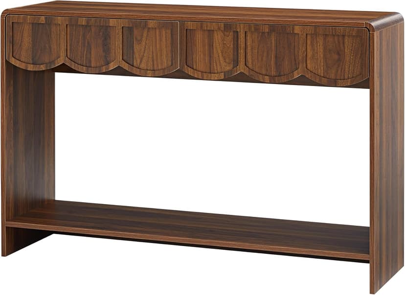 Console Table with Drawers, Mid-Century 43 Inches Narrow Entryway Tables with Open Storage Shelves, Hallway Accent Tables Behind Couch Table for Living Room - Walnut