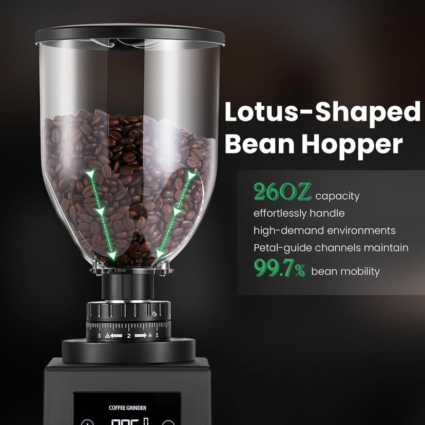 Huanyu Commercial Coffee Grinder with 64mm Flat Burr Anti-Flying Grounds Outlet 26oz Lotus Hopper 8 Stepless Settings Electric Coffee Grinders with Smart Touchscreen for Cafés Restaurants