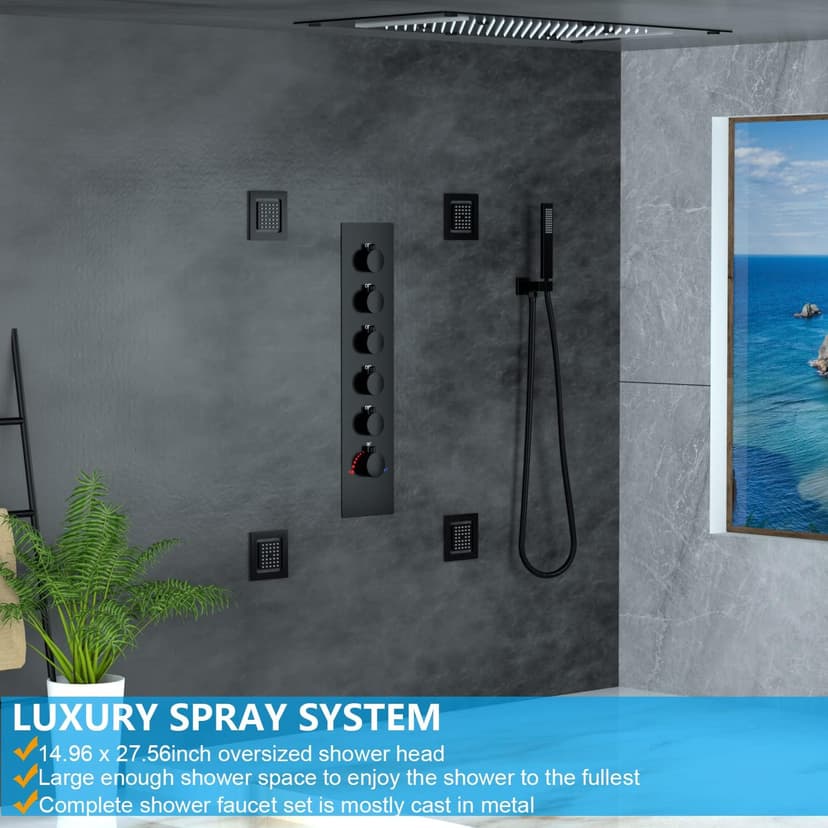 HOMEDEC Luxury Full Body Shower Jets System, 15x28inch Rain Shower Faucet Set Combo with 4pcs Adjustable Large Body Jet with Handheld Spray (Matte Black, 3 Functions Shower Head)