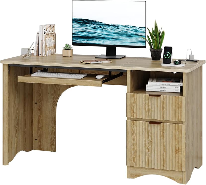 Bestier Computer Desk with Keyboard Tray, 55 inch Office Desk with Power Outlet, Modern Home Office Desk with File Drawer (Natual Oak, 55" W with Single-Sided Drawers)