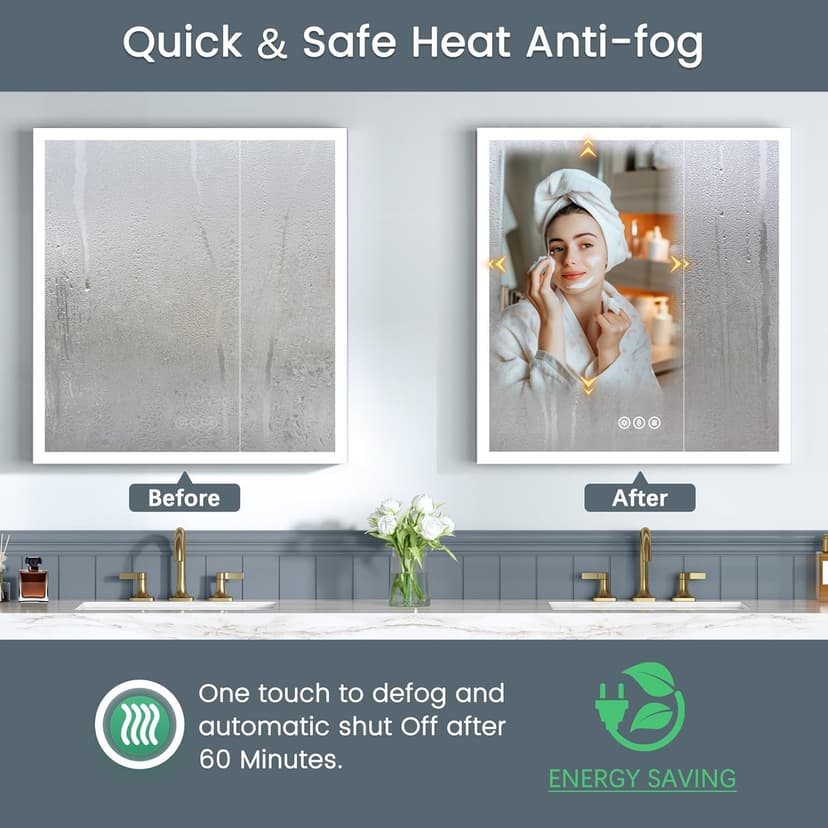 30x32 Inch Lighted Medicine Cabinet, AL Alloy Frame, Plug-in or Hardwired, Recessed or Wall Mount, Mirror Doors/3 Colors/Dimmable/Interior Sensor Light/Anti-Fog, 2 Outlets &USBs, 3 Shelves