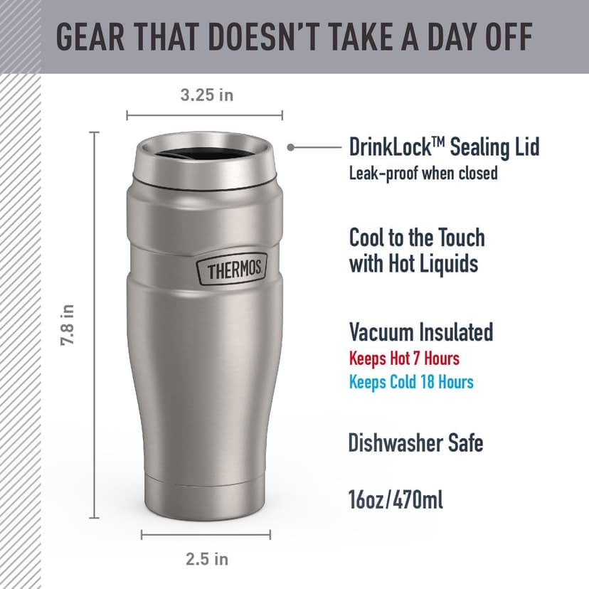 THERMOS Stainless King Vacuum-Insulated Travel Tumbler, 16 Ounce, Matte Steel