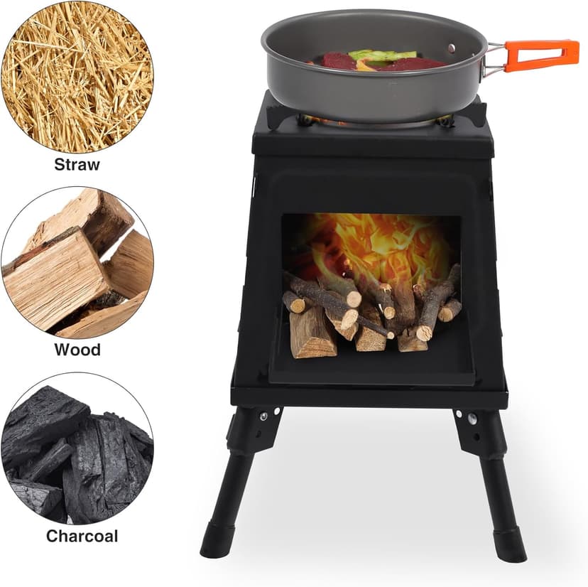 Lineslife Wood Burning Camp Stove, Portable Cast Iron Camping Wood Stove, Black Woodstove with Carrying Case for Backpacking Outdoor Cooking