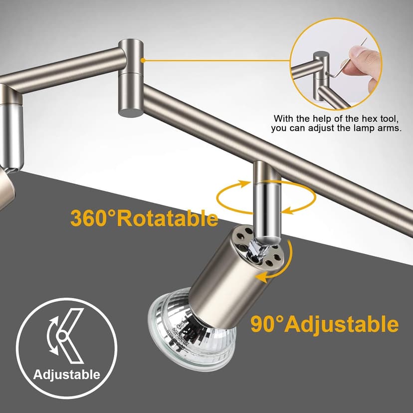 Ascher 6-Light LED Track Lighting Kit, Flexibly Rotatable Light Heads, 6 Way Ceiling Spotlight Matt Nickel Finish, Including 6 GU10 LED Bulbs (4W 400LM Daylight White 5000K)