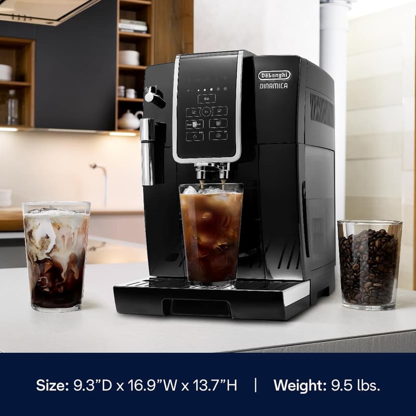 De'Longhi Dinamica Espresso Machine, Black - Automatic Bean-to-Cup Brewing, Built-In Steel Burr Grinder & Manual Frother - One-Touch Hot & Iced Coffee - Easy Cleanup