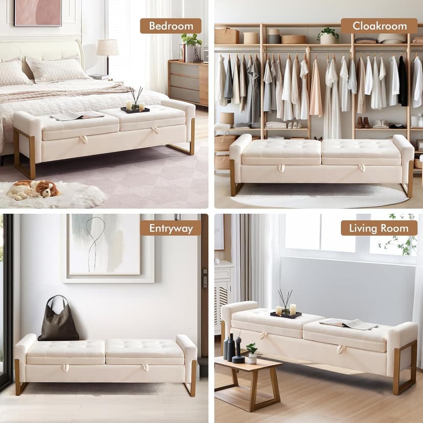 67" Storage Bench for Bedroom, King Size End of Bed Bench with Double Lids, Upholstered Storage Ottoman Bench with Golden Metal Legs, Bedroom Bench for Entryway, Cream