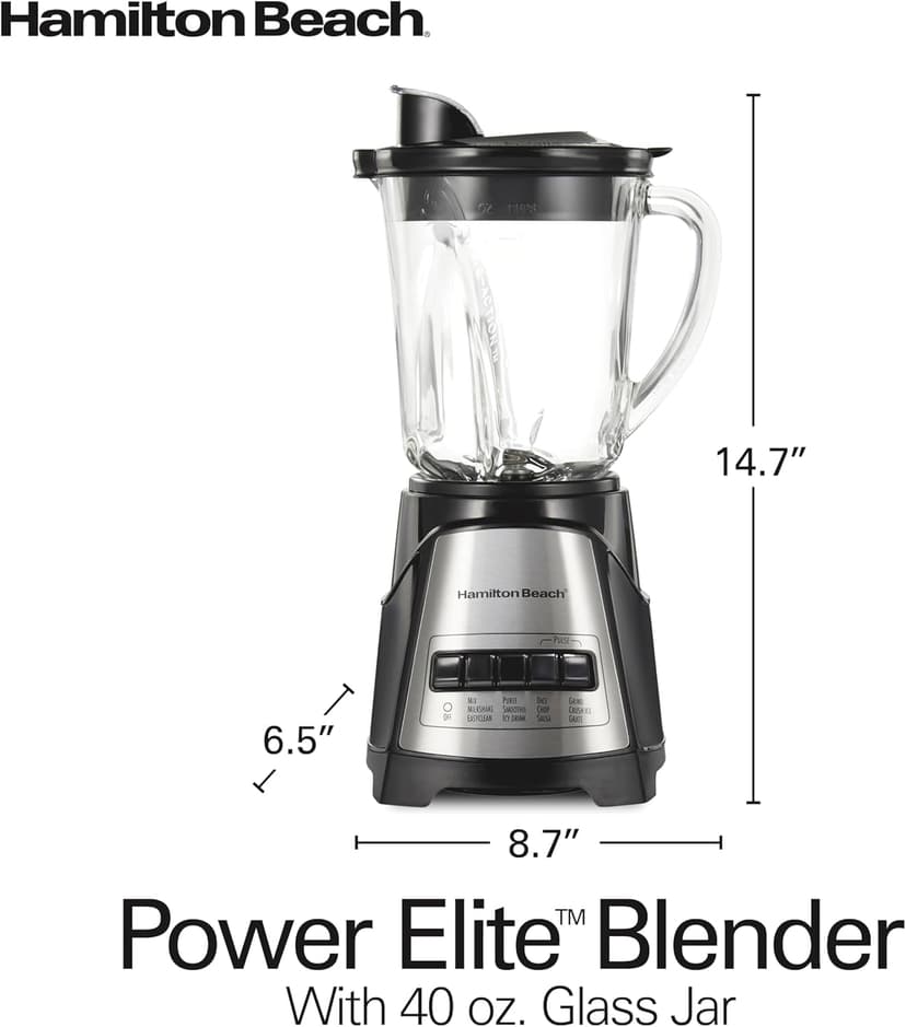 Hamilton Beach Power Elite Wave Action Blender For Smoothies, 40 Oz Glass Jar, 12 Functions Including Puree, Crush Ice, Black, 700 Watts, Black (58148A)