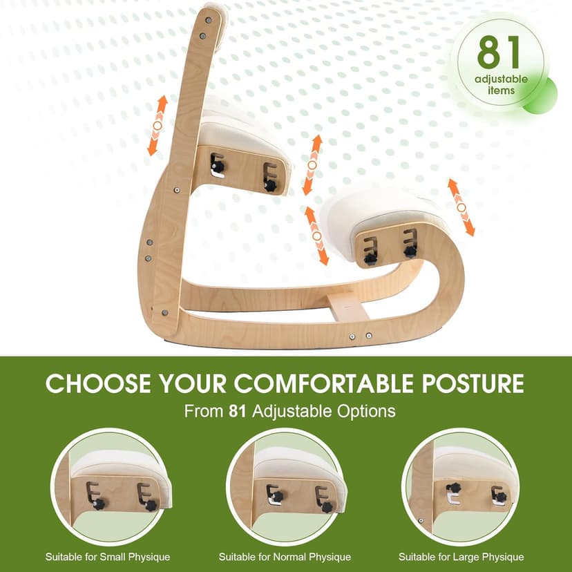 Ergonomic Kneeling Chair with Back Support,Kneeling Chair Improve Posture and Relife Back Pain,Soft Memory Arc-Pad and Wood Adjustable Height Rocking Knee Chairs,Ideal for Office Home Desk,Natual