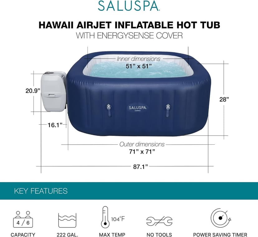 Bestway SaluSpa Hawaii AirJet 4 to 6 Person Inflatable Hot Tub Square Portable Outdoor Spa with 140 AirJets and EnergySense Energy Saving Cover, Blue