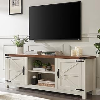 T4TREAM Farmhouse TV Stand for TVs Up to 75 inches, Wood Barn Door Media Television Console Table with Storage Cabinets, Easy Assembly Modern Entertainment Center for Living Room, Antique White
