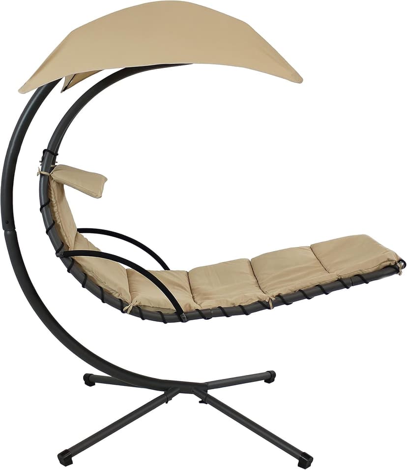 Sunnydaze Floating Chaise Lounger Swing Chair with Umbrella Canopy - Curved Steel Hammock Lounge Chair with Cushion and Pillow - Removable Cushion and Umbrella Shade - 82-Inch Tall - Beige