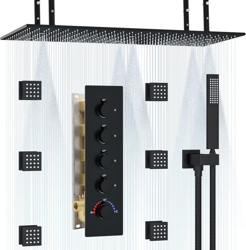 HOMEDEC Luxury Matte Black Shower System, Multi Functions 15.7x31.5inch Mist Rain Shower Head System with Full Body Sprays Jets, Rainfall Ceiling Thermostatic Shower Faucet Set