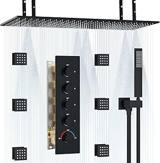 HOMEDEC Luxury Matte Black Shower System, Multi Functions 15.7x31.5inch Mist Rain Shower Head System with Full Body Sprays Jets, Rainfall Ceiling Thermostatic Shower Faucet Set