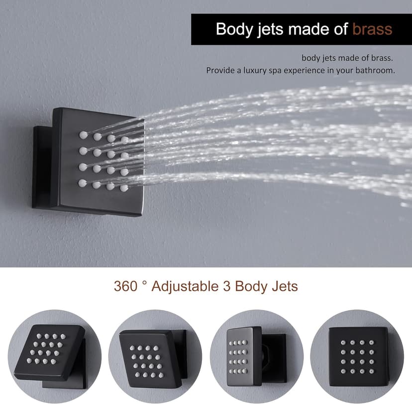MONDAWE 23" Full Body Thermostatic Shower Jets System, 64-Color LED Music Waterfall Rainfall Luxury Shower Head System with 6 Spray Jets, Ceiling Mount Rain Shower Faucet Set, Matte Black