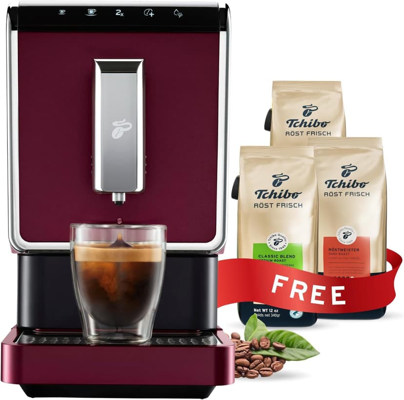Tchibo Automatic Espresso & Coffee Machine Bundle with Built-in Grinder, Comes With 3 x 12 oz. Bags of Whole Bean Coffee, Red
