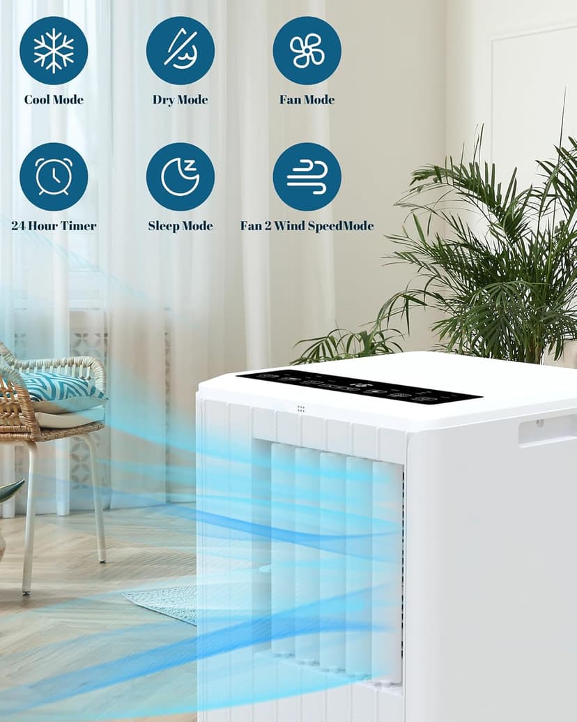 8,000 BTU Portable Air Conditioner for Indoor Rooms, 3-In-1 AC Unit for Bedroom 250-350 Sq.Ft, Dehumidifier, Fan, Sleep Mode, 24 Timer, Remote Control, Window Kits
