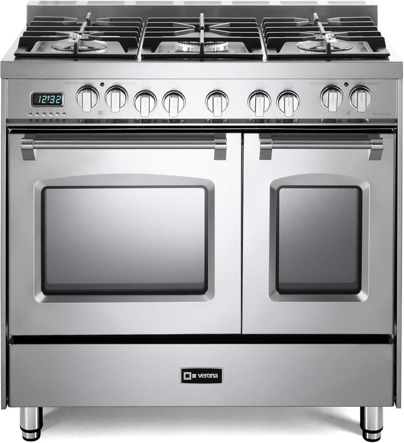 Verona VPFSGE365DSS 36" Prestige Series Freestanding Dual Fuel Range with Double Oven 5 Sealed Burners Oven Racks and Cast-Iron Grates in Stainless Steel