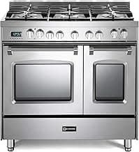 Verona VPFSGE365DSS 36" Prestige Series Freestanding Dual Fuel Range with Double Oven 5 Sealed Burners Oven Racks and Cast-Iron Grates in Stainless Steel