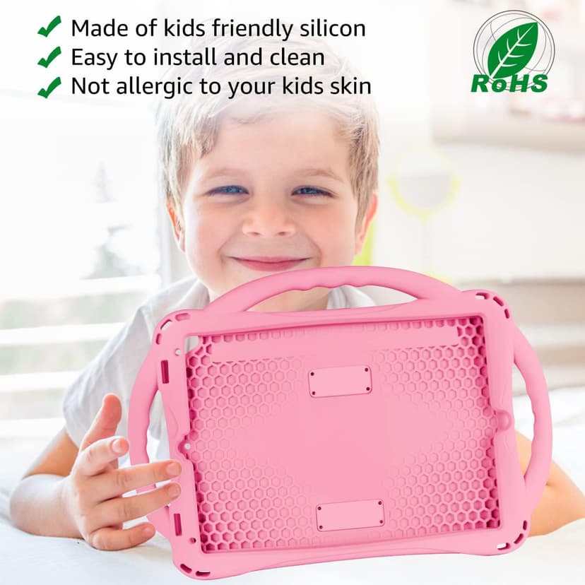 TopEsct Kids Case for iPad 10.2 inch - Shockproof Silicone Cover with Tempered Glass Screen Protector and Strap - Compatible with iPad 9th/8th/7th Gen (2021)" (Pink)