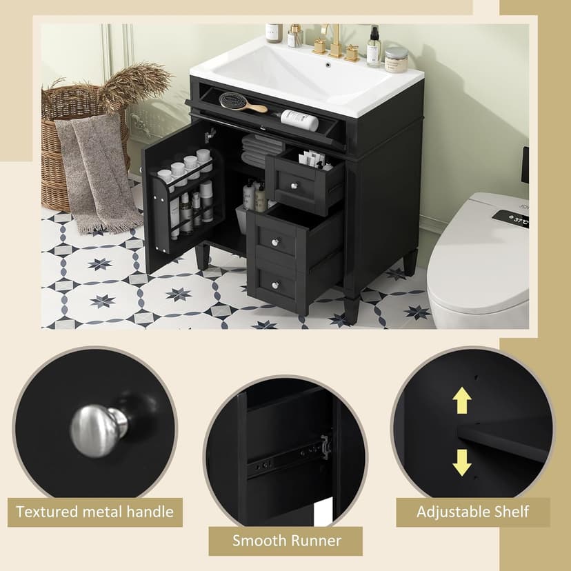 Modern 30" Bathroom Vanity with Sink, Bathroom Storage Cabinet with 2 Drawers, 1 Tip-Out Drawer and 1 Door, Freestanding Bathroom Vanities, Soft Closing, Solid Wood Frame