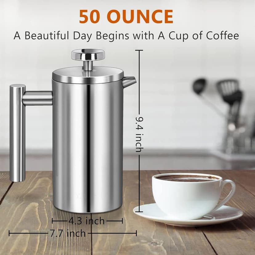 French Press Coffee Maker 50oz, 304 Stainless Steel Double Wall Insulated, Portable Coffee Press for Camping, Backpacking, Kitchen, Gift Set with Stainless Steel Filter - Silver