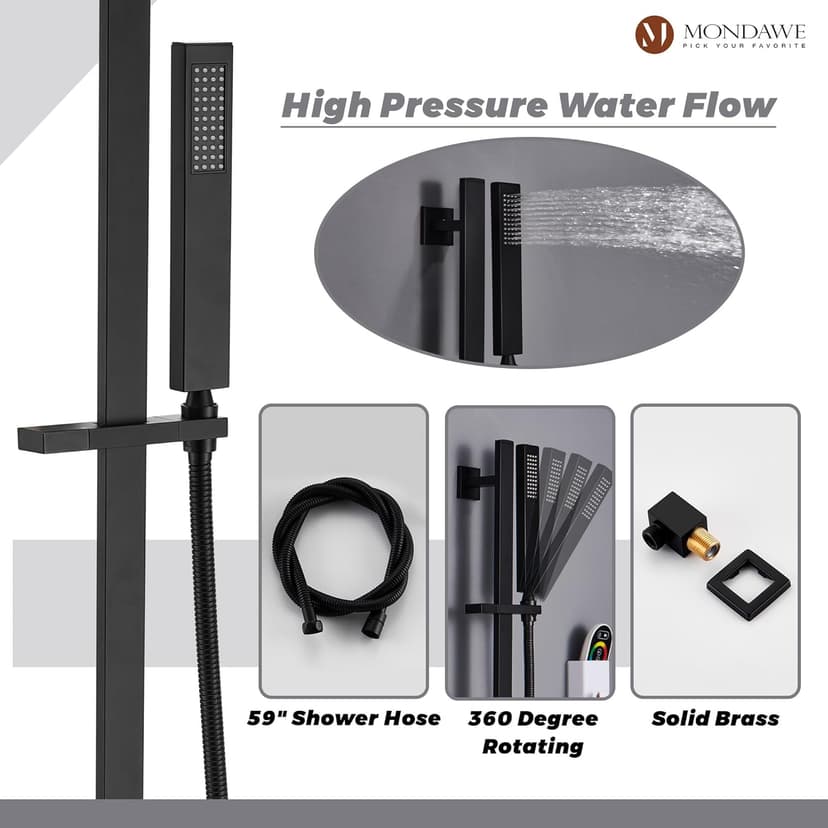 MONDAWE 28 Inch Flush-Mounted Thermostatic Shower System in Matte Black, 64 Colors LED and Bluetooth Control Music Rainfall Shower Head, Handheld Spray and Body Jets, High Pressure Shower Faucet Set