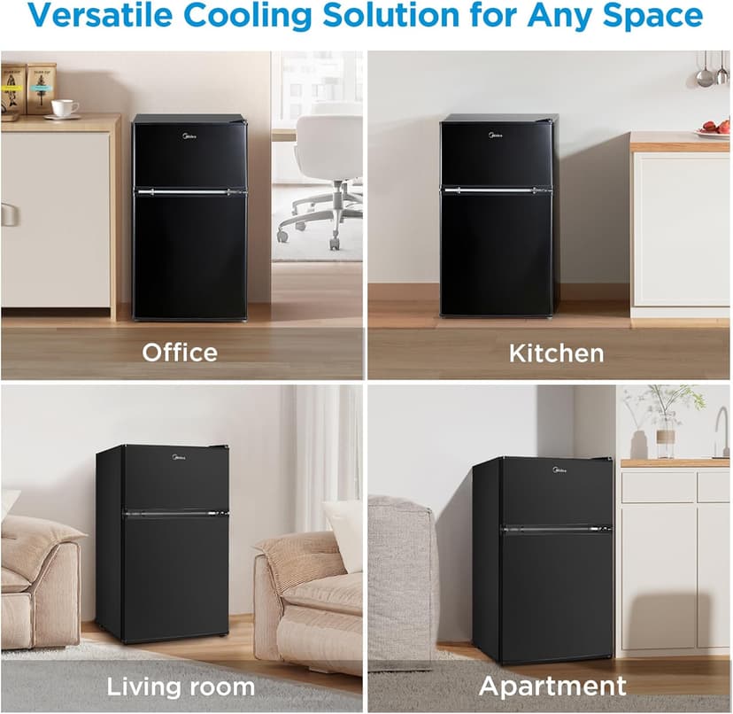 Midea WHD-113FB1 Double Door Mini Fridge with Freezer for Bedroom Office or Dorm with Adjustable Remove Glass Shelves Compact Refrigerator, 3.1 cu ft, Black