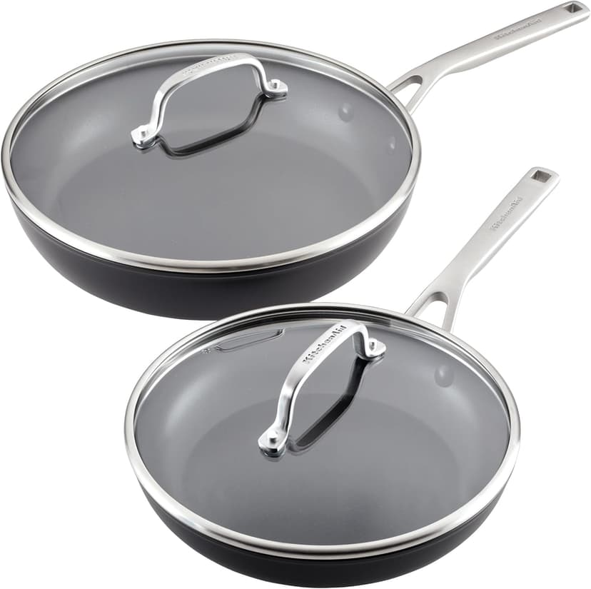 KitchenAid Hard Anodized Induction Nonstick Frying Pan Set With Tempered Lids, 4-Piece - 10 & 12 Inch – Durable, Even Heating, Oven Safe to 500°F, Dishwasher Safe, Easy-Clean