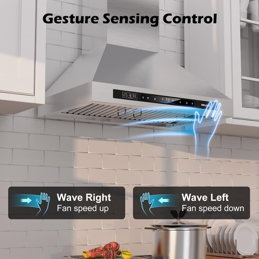 Wall Mount Range Hood 30 inch，900 CFM Kitchen Hood with Voice/Gesture/Touch Control，Vent Hood in Stainless Steel With Ducted/Ductless Convertible, 4 Speed Exhaust Fan