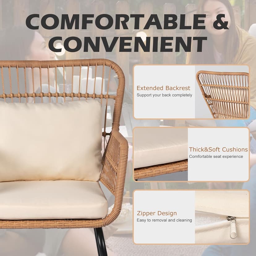 3 Piece Outdoor Wicker Furniture Bistro Set, Rattan Chairs Conversation Sets Wicker Patio Furniture for Balcony Poolside Backyard, Yellow/Beige
