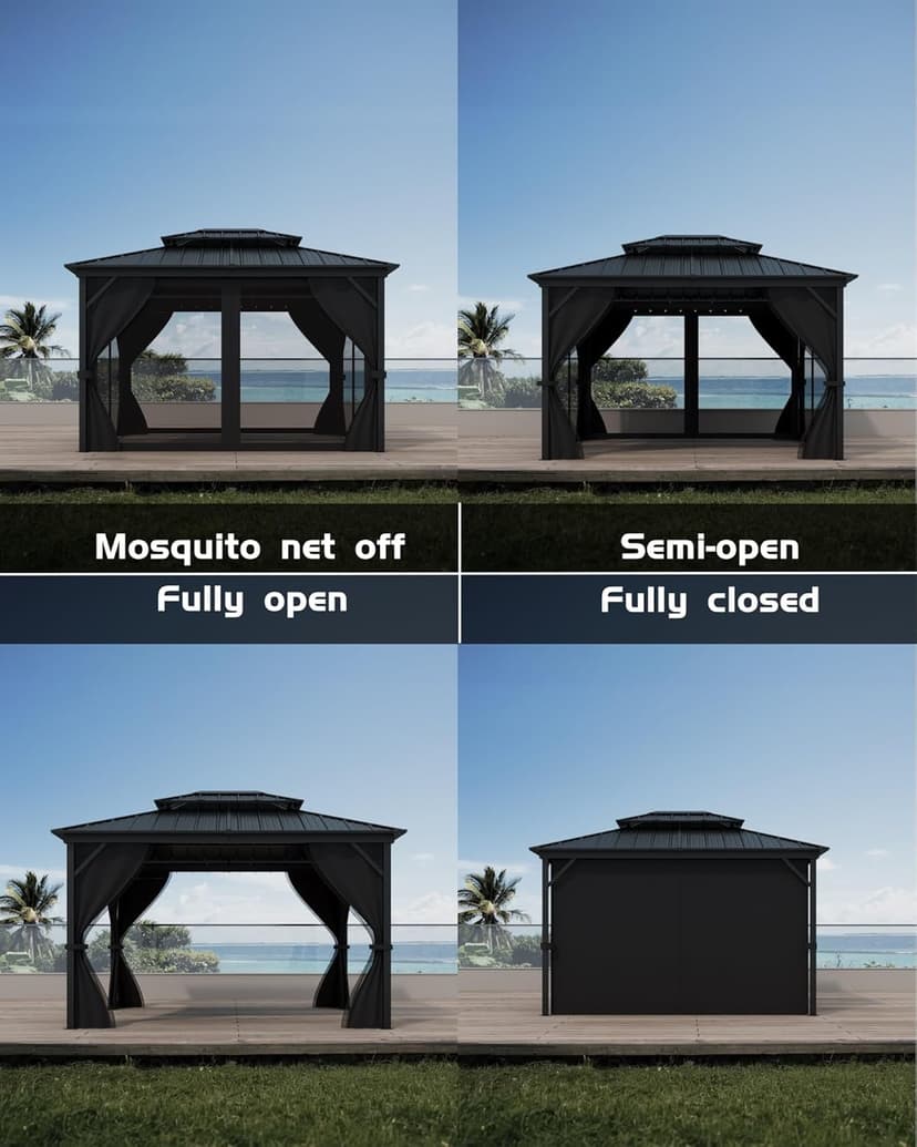 Hardtop Gazebo 10'x12' for All Weather, with Waterproof Double Metal Roof, Aluminum Alloy Frame, Net, and Curtain, Permanent Building for Patio, Deck, Backyard, Lawn, and Garden, Gray