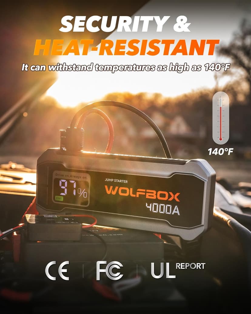 WOLFBOX 4000A Jump Starter,12V Car Battery Jump Starter with 65W Quick Charger,LED Display,24000mAh Portable Jump Starter Battery Pack(10L Gas 10L Diesel Engine) with Booster,LED Light,Jumper Cables