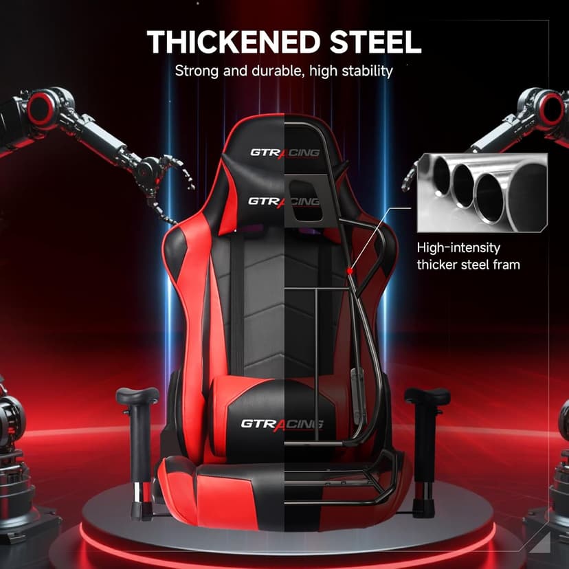 GTRACING Gaming Chair with Reclining Backrest, Adjustable Height and Swivel Base, Ergonomic Computer Chair with Headrest and Lumbar Support (Red)