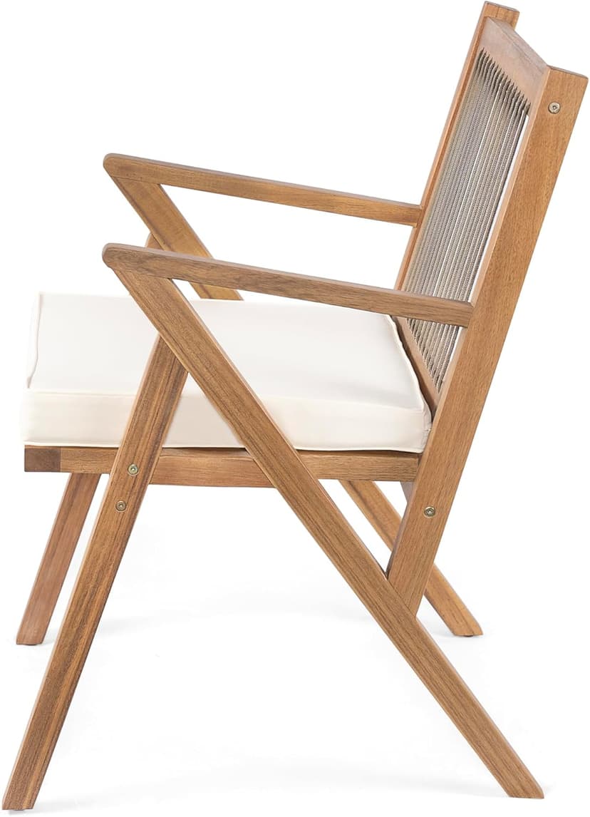 Christopher Knight Home Becker Outdoor Dining Chairs Set of 2 with Cushion, Acacia Wood Dining Room Armchair Set, Garden Chair Set with Handwoven Accent, Patio Dinners Comfy Extra Seat, Cream + Teak